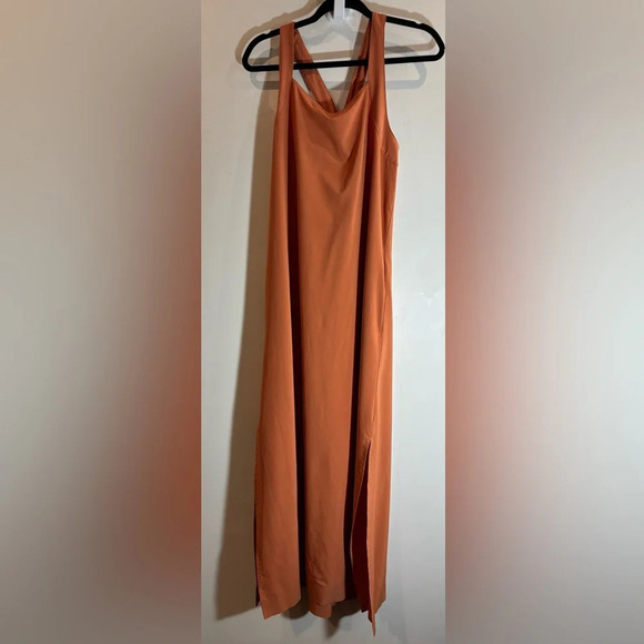 ATHLETA Sz L Arrival Wide  Straps Crossed Back Side Slit Stretchy Maxi Dress - Picture 4 of 13